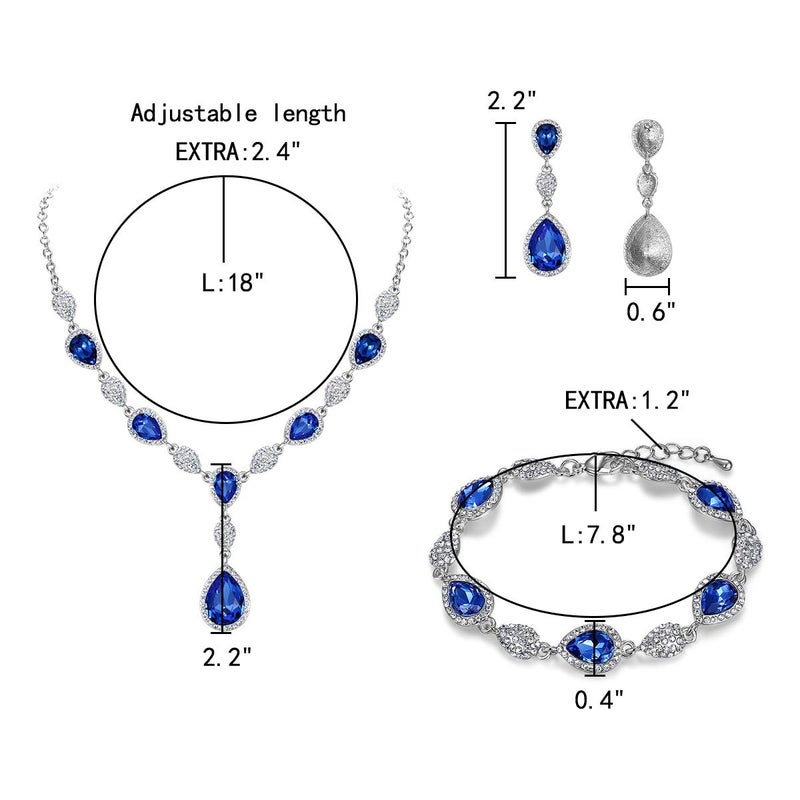 EleQueen Women's Wedding Bridal Jewelry Sets for Brides Bridesmaids, Cubic Zirconia Teardrop Necklace Tennis Bracelet Dangle Earrings Jewellery Set Sapphire Color - Image 4